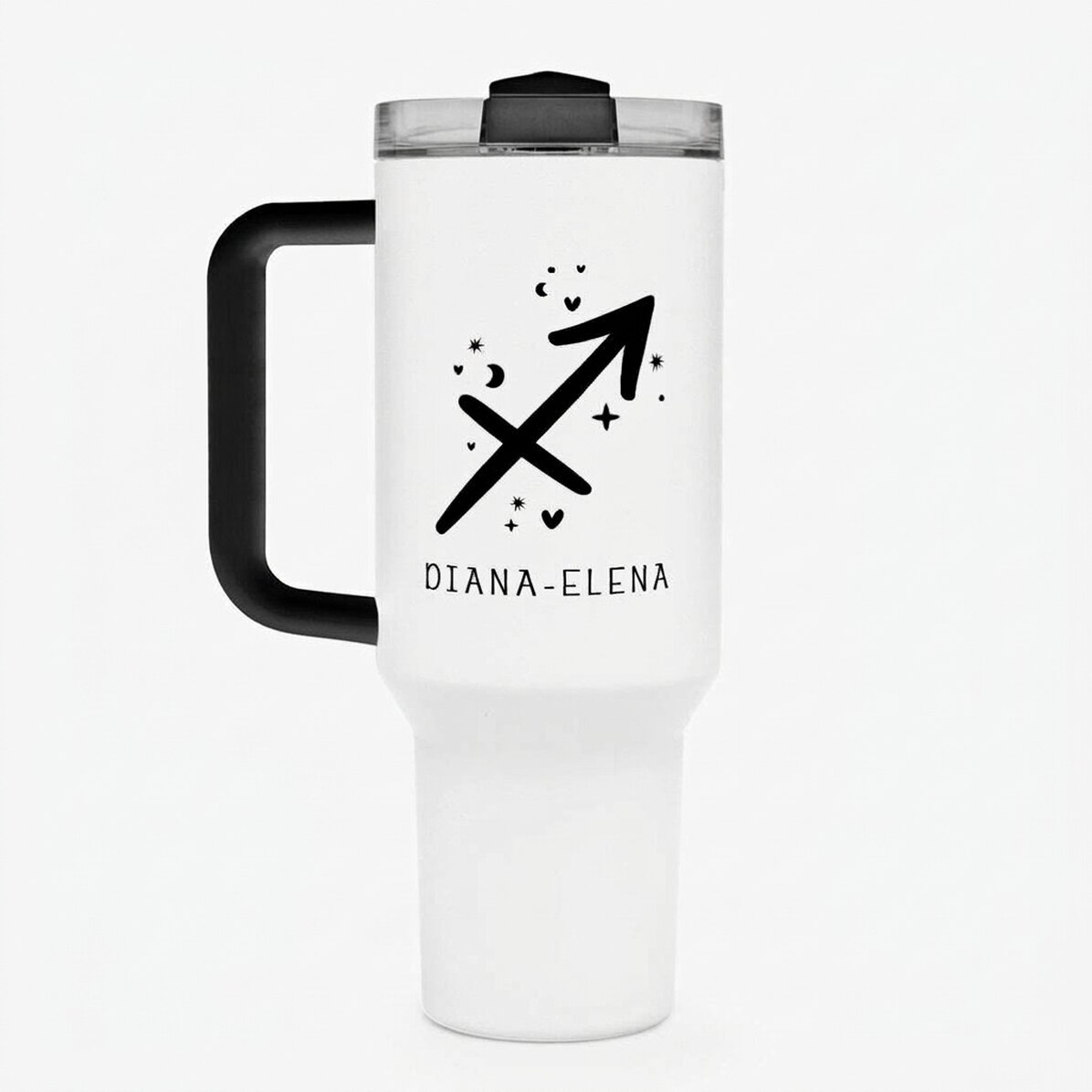 Tasse isotherme avec poignée et paille, personnalisée avec un texte - Signe du Sagittaire