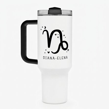 Tasse isotherme avec poignée et paille, personnalisée avec un texte - Signe du Capricorne