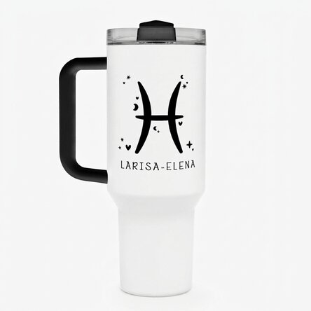Tasse isotherme avec poignée et paille, personnalisée avec un texte - Signe du Poisson