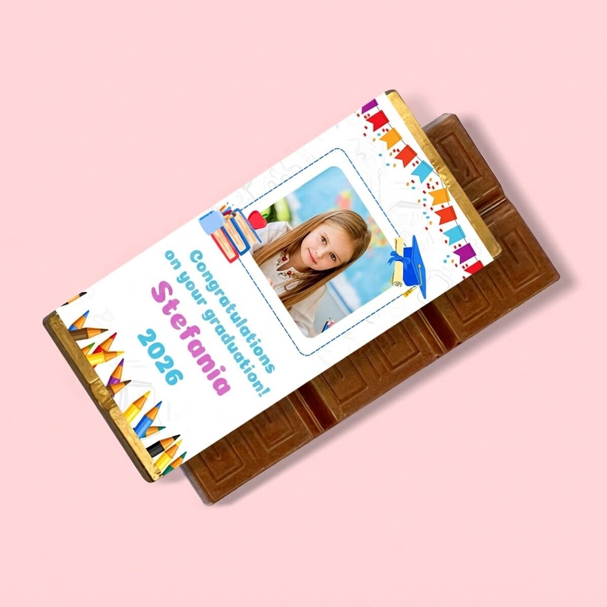 Gepersonaliseerde mini-chocoladereep voor kinderen met foto en boodschap - Afstuderen