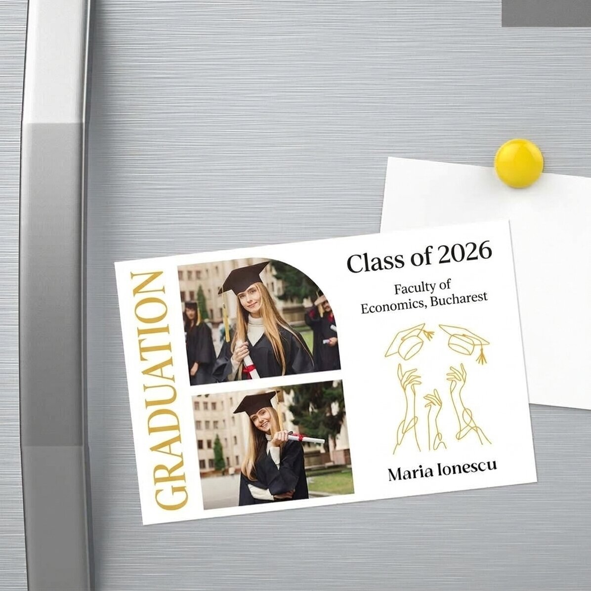 Aimant personnalisé de 15 x 10 cm avec 2 photos et un texte - Remise des diplômes