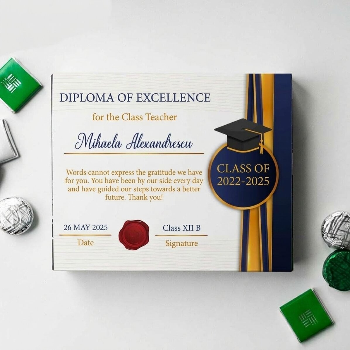 Gepersonaliseerd bonbondoosje met een bedanktekst voor de klassenlerares