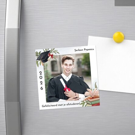 Gepersonaliseerde magneet van 10x10 met foto en tekst - Felicitaties voor het afstuderen
