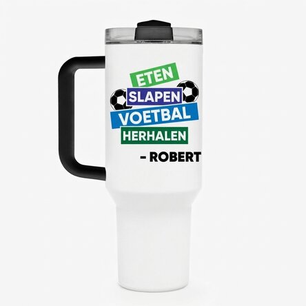 Thermosbeker met handvat en rietje, gepersonaliseerd met naam - Voetbal