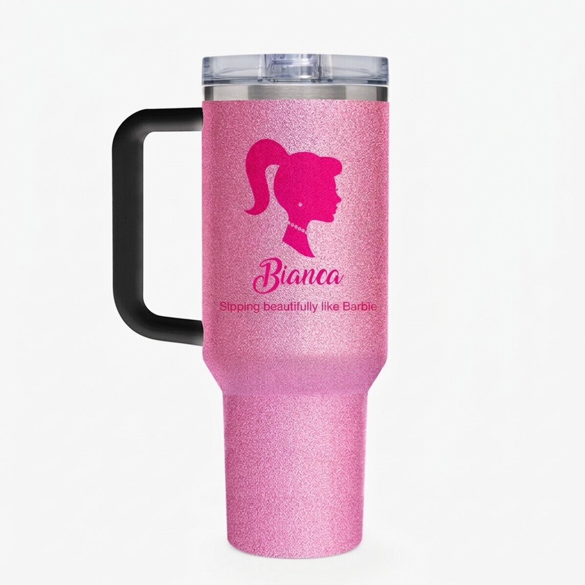 Thermosfles met handvat en rietje, gepersonaliseerd met tekst - Barbie