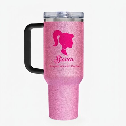 Thermosfles met handvat en rietje, gepersonaliseerd met tekst - Barbie