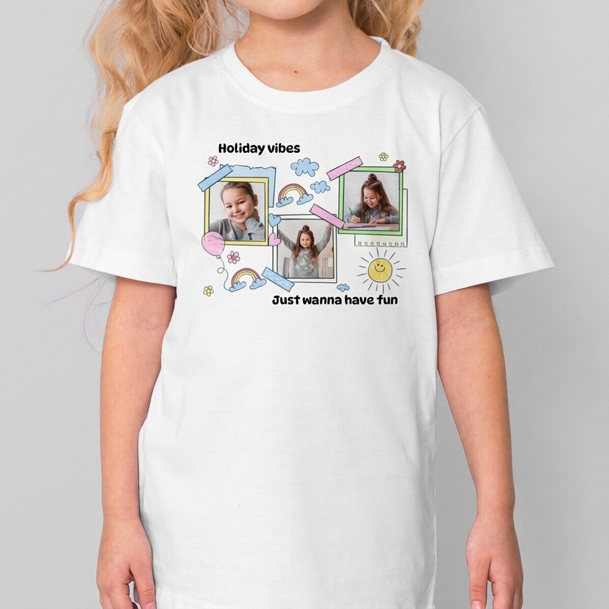 T-shirt en coton pour enfants, personnalisé avec un message et 3 photos - Cute