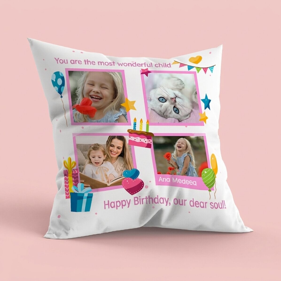 Gepersonaliseerd kussen met 4 foto’s en een boodschap – Gelukkige verjaardag, kinderen