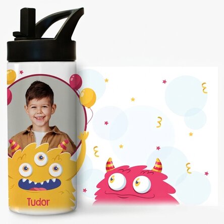 Thermosfles met handvat en rietje, gepersonaliseerd met een foto en naam - Kinderdag