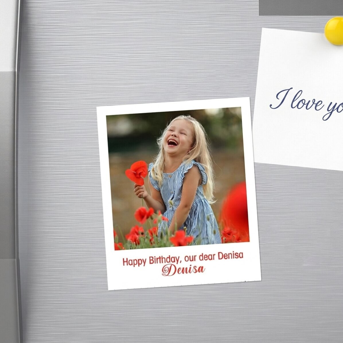 Gepersonaliseerde magneet van 10 x 12 cm met een foto en tekst – polaroid-formaat