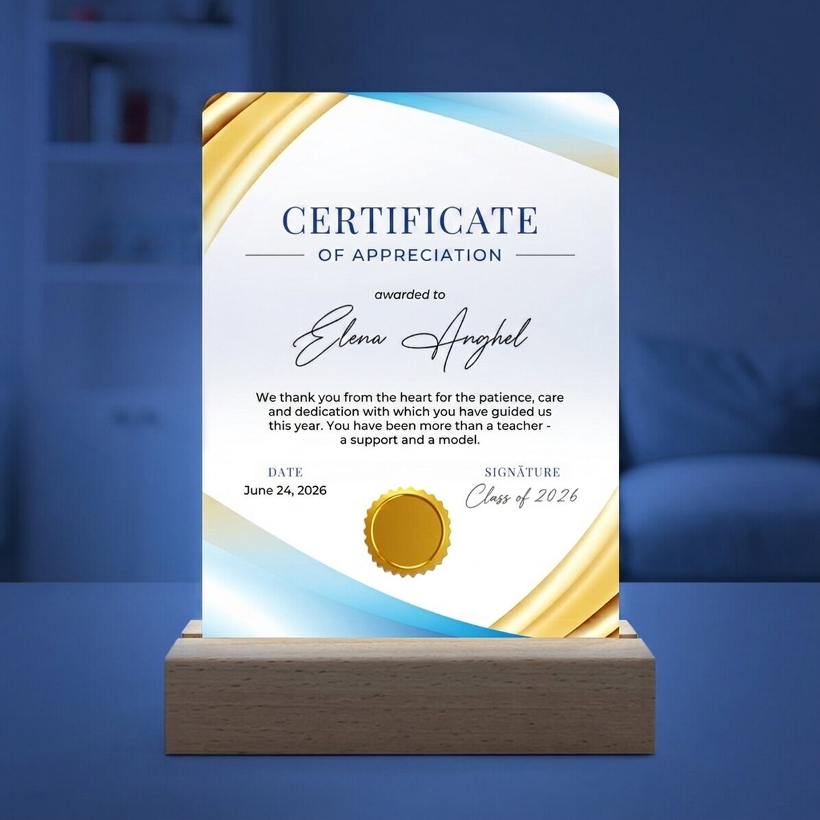 Lampe de veille LED personnalisée avec message - Certificat de reconnaissance