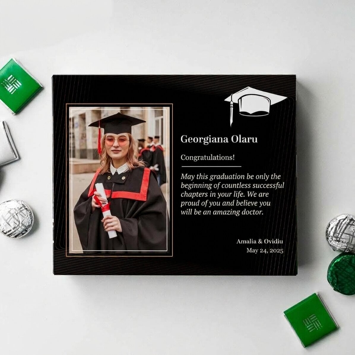 Gepersonaliseerde bonbonnière met foto en tekst - Afstuderen