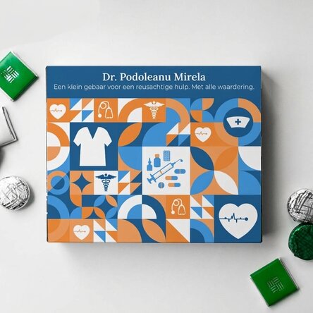 Gepersonaliseerde doos bonbons met een bedankbericht voor artsen