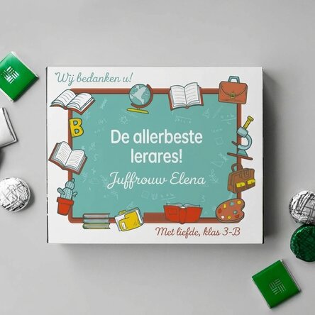 Gepersonaliseerde doos met snoepjes met een bedankbericht voor leraren