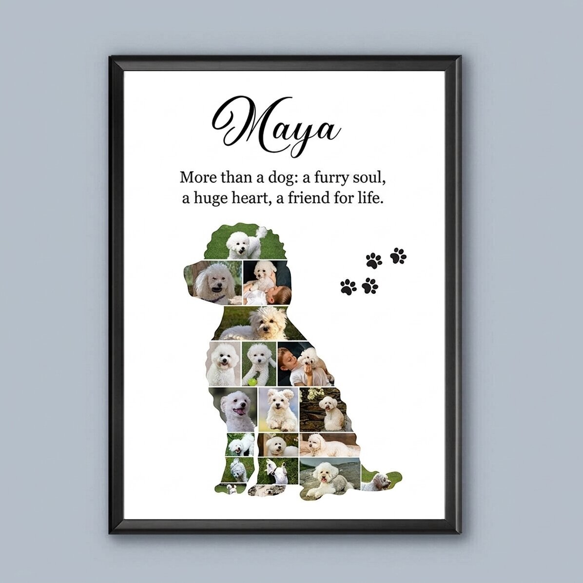 Gepersonaliseerd schilderij met 19 foto’s en tekst – Kleine hond