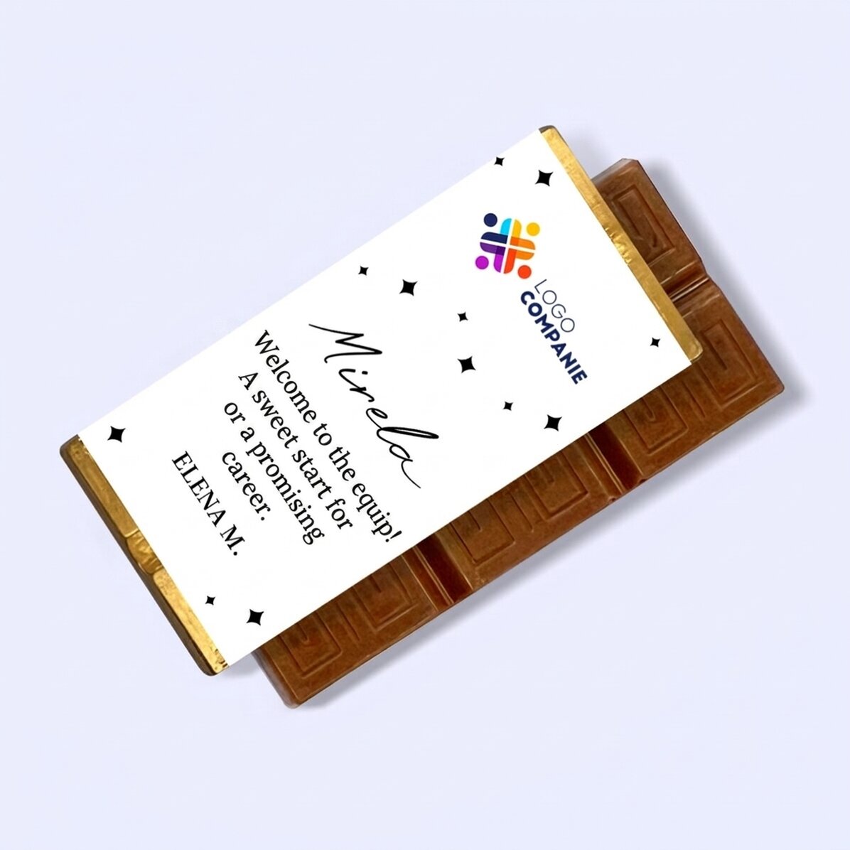 Gepersonaliseerde mini-chocoladereep met boodschap en logo – Welkom in het team