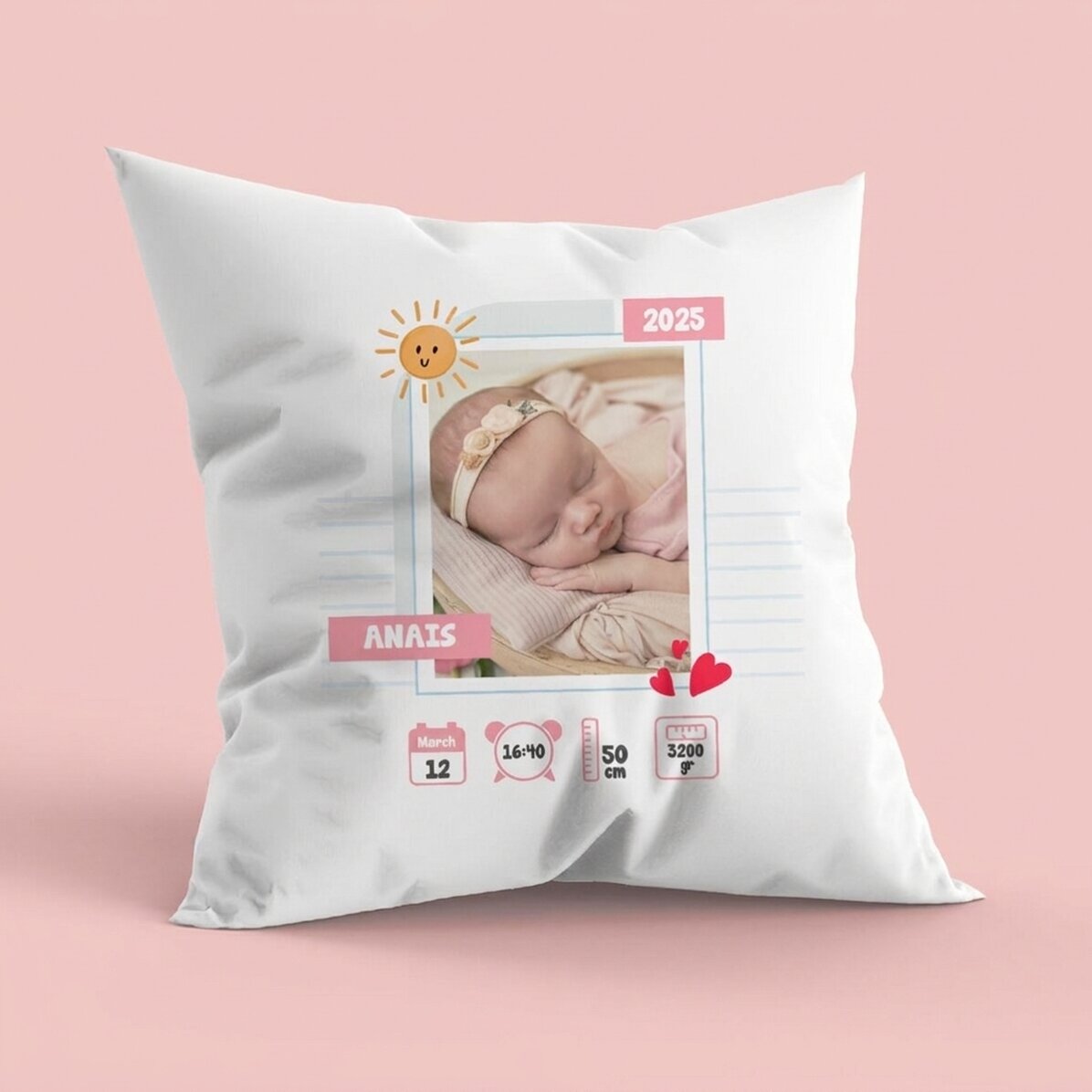 Coussin personnalisé avec une photo et un message - Hello, Baby