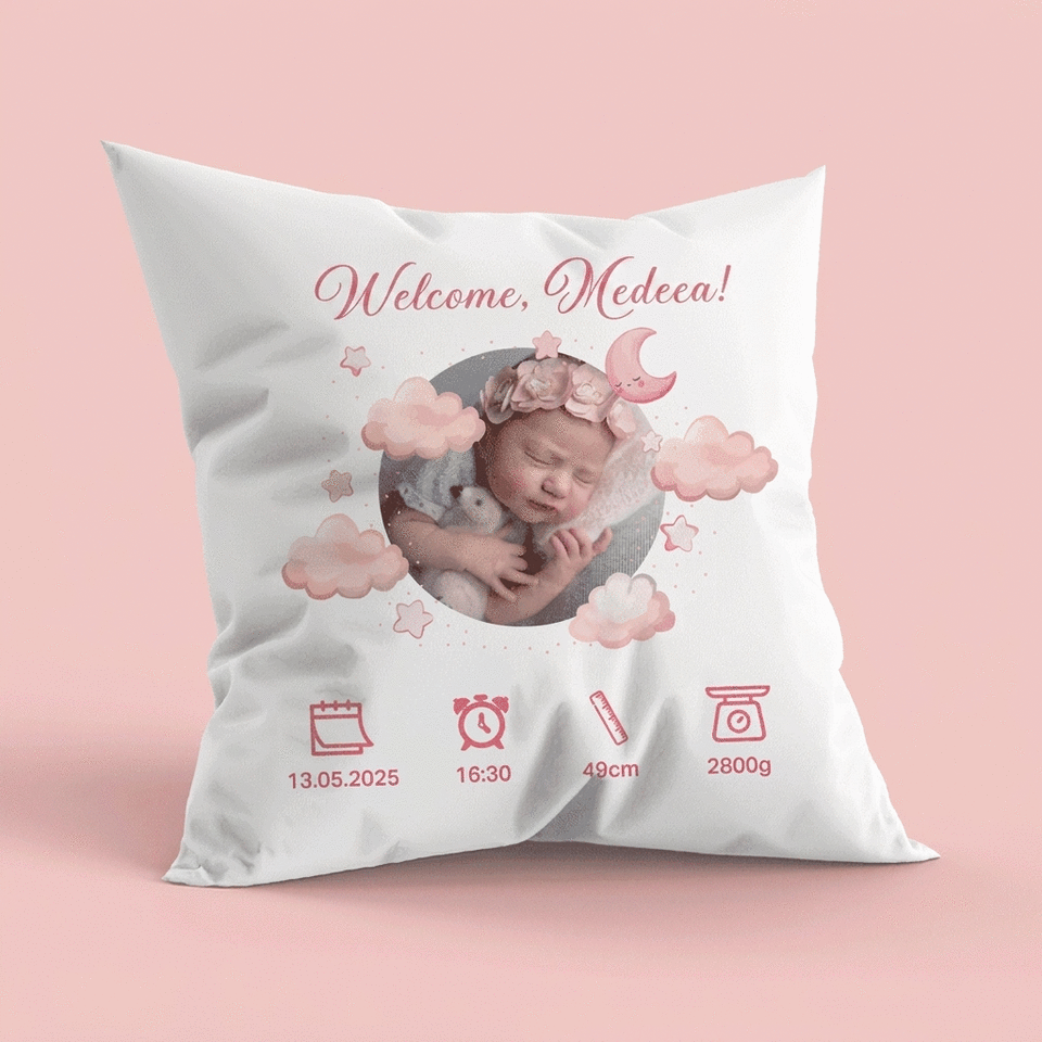 Coussin personnalisé avec une photo et un message - Bienvenue