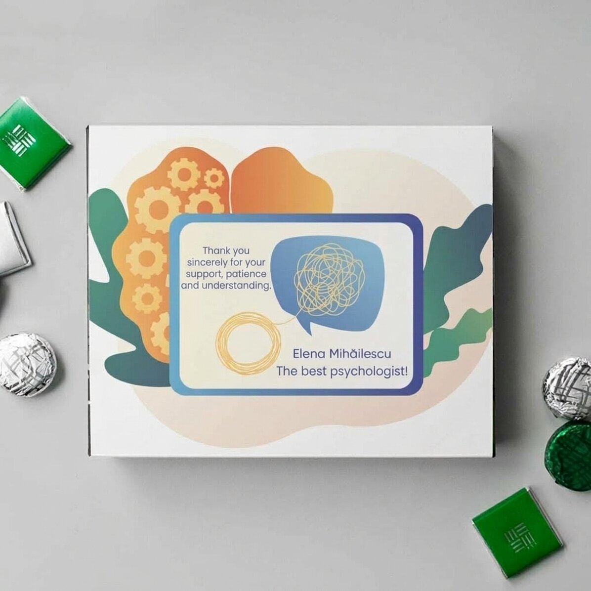 Gepersonaliseerde bonbonnière met een bedankbericht voor psychologen