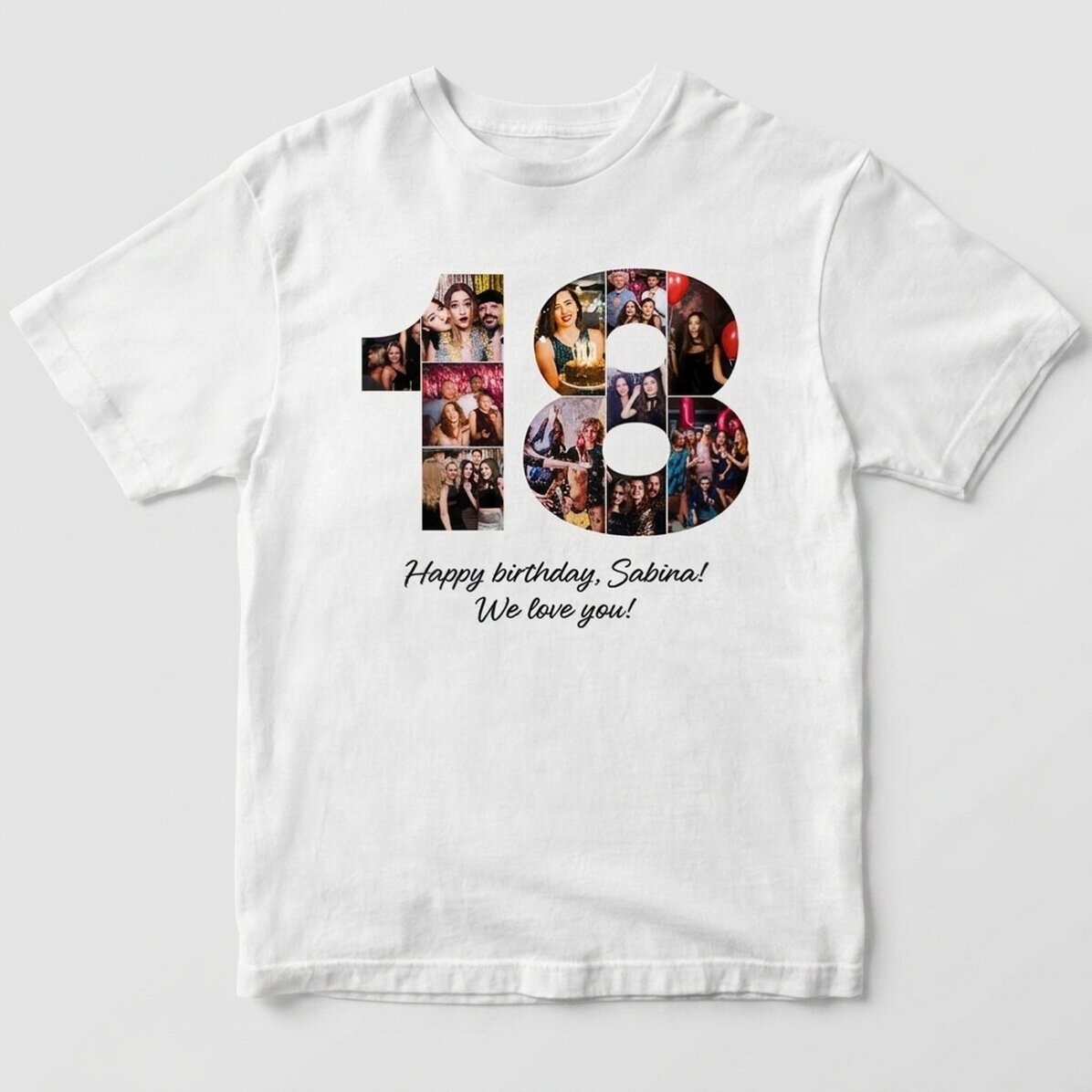 Gepersonaliseerd katoenen T-shirt met 11 foto’s en tekst voor een 18e verjaardag