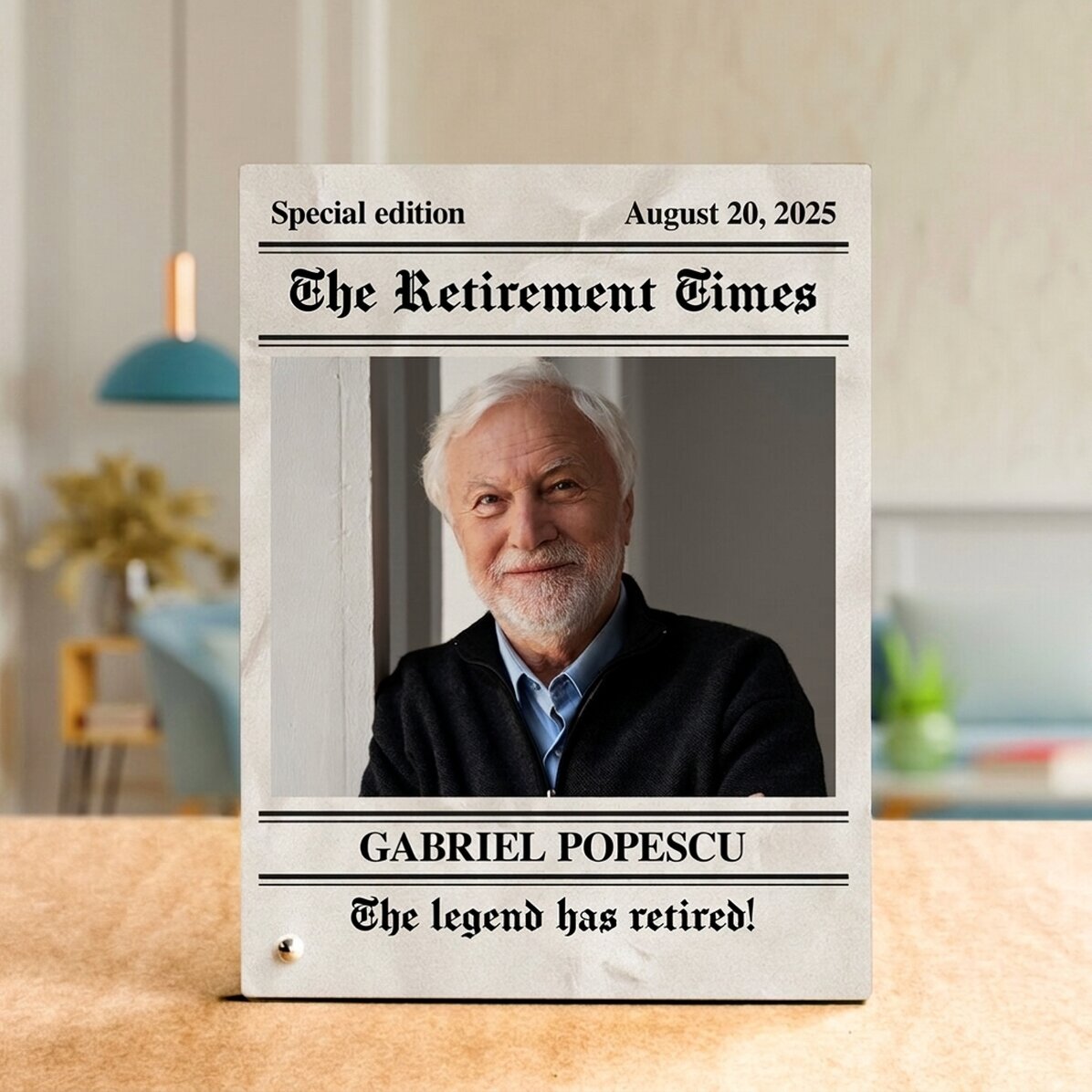 Cadre photo de bureau personnalisé avec une photo et un message de départ à la retraite