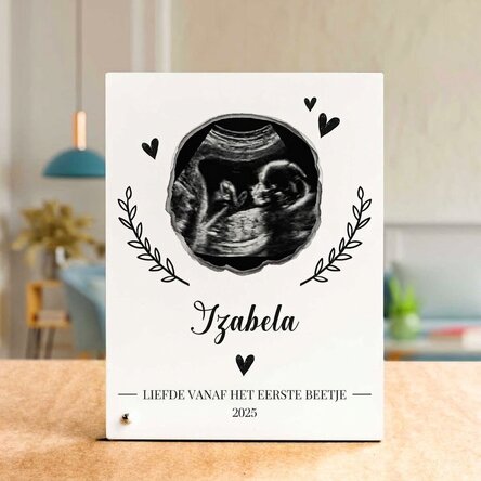 Gepersonaliseerde fotolijst voor op het bureau met tekst en een foto - Baby
