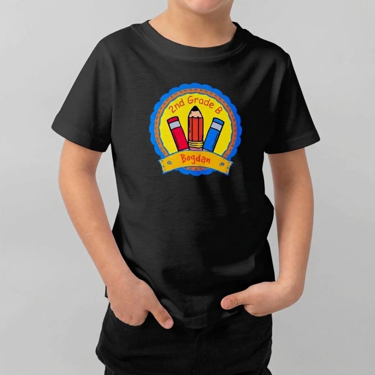 Katoenen T-shirt voor kinderen, gepersonaliseerd met tekst - School Badge