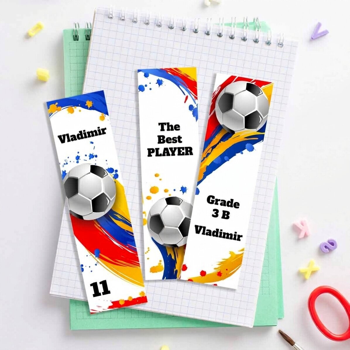 Set van 3 gepersonaliseerde boekenleggers met tekst - Voetbal