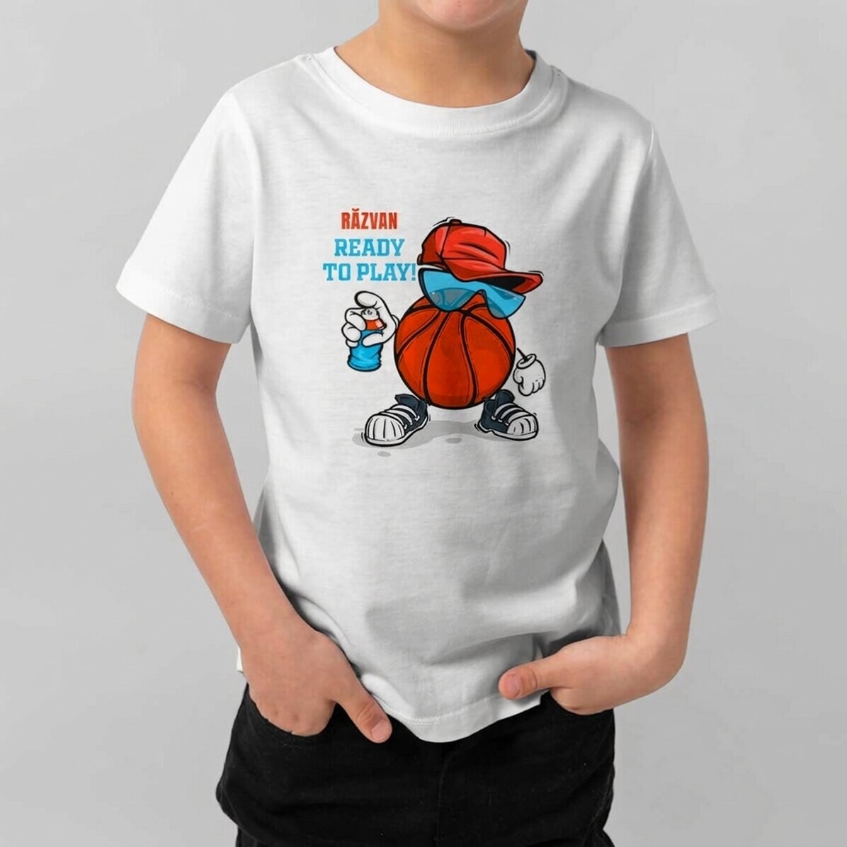 Katoenen T-shirt voor kinderen, gepersonaliseerd met tekst - Basketbal