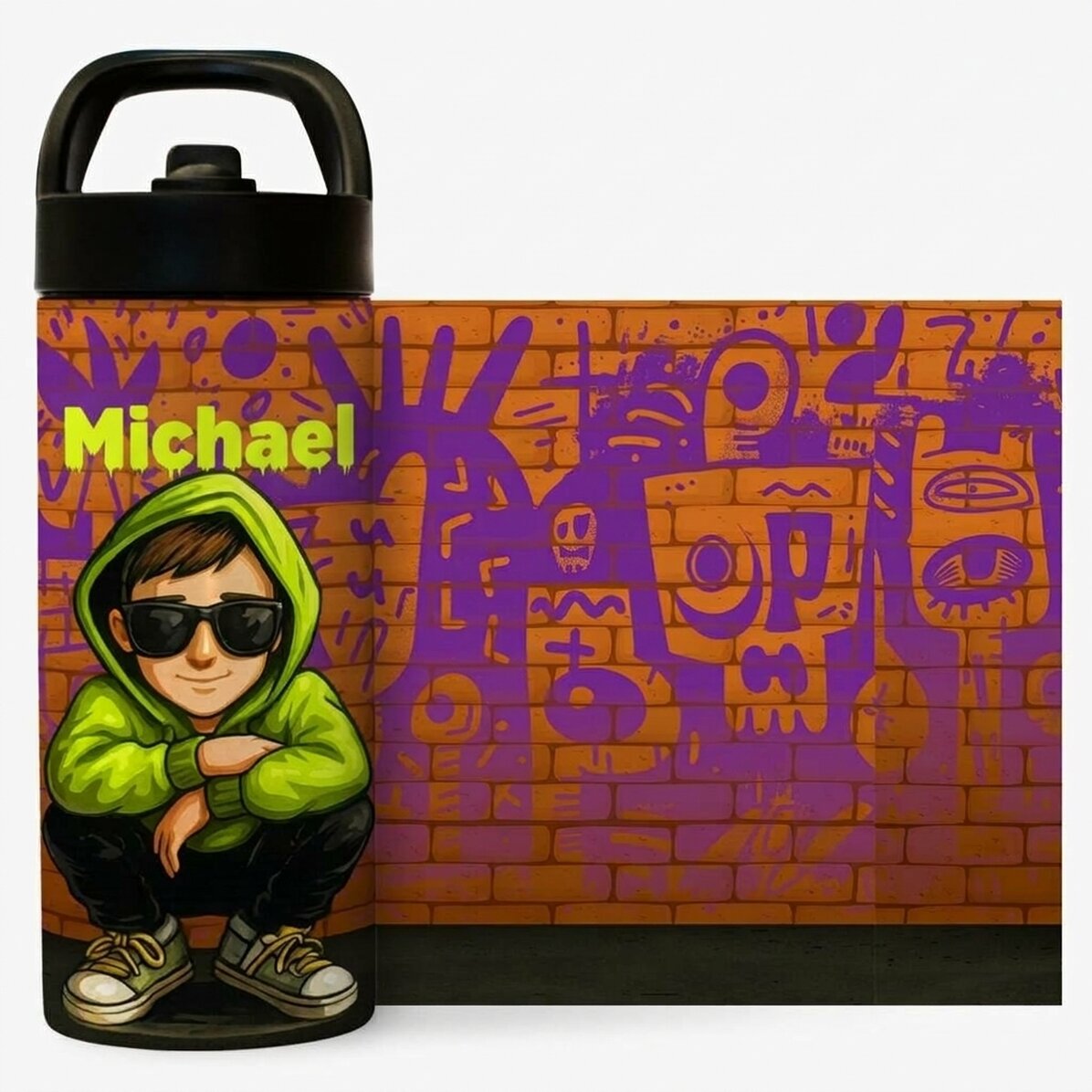 Thermosfles met handvat en rietje, gepersonaliseerd met naam - Graffiti