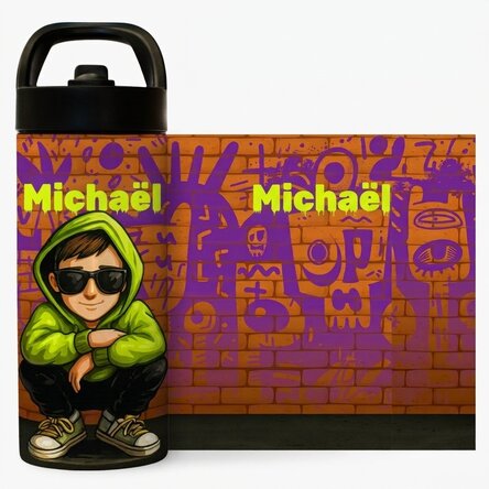 Thermosfles met handvat en rietje, gepersonaliseerd met naam - Graffiti