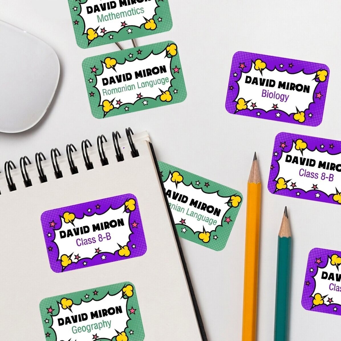 Set van 8 gepersonaliseerde stickers (zelfklevende etiketten) voor school - Comics