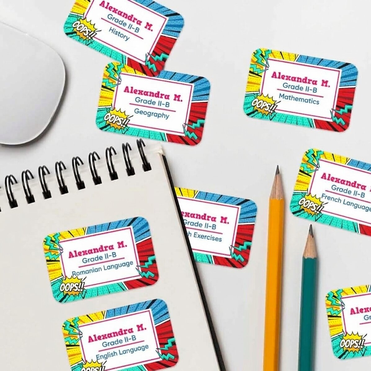 Set van 8 gepersonaliseerde stickers (zelfklevende etiketten) met tekst - Comics
