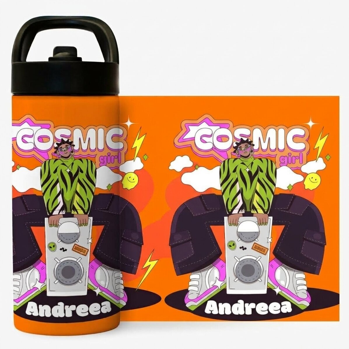 Thermosfles met handvat en rietje, gepersonaliseerd met naam - Cosmic Girl