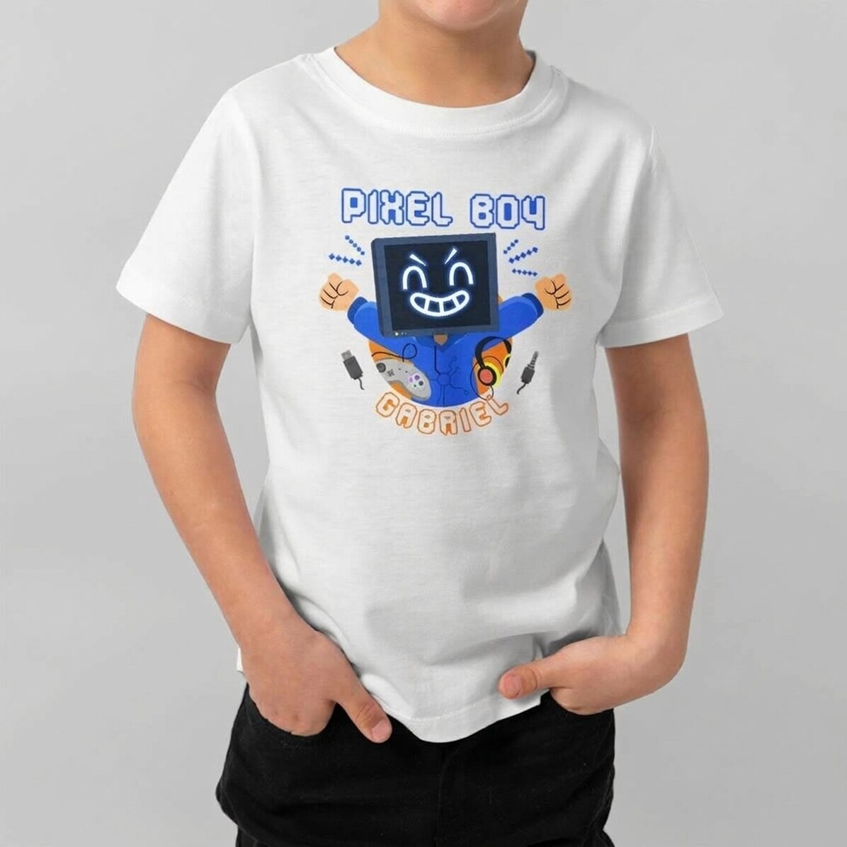 Katoenen T-shirt voor kinderen, gepersonaliseerd met tekst - Pixel Boy