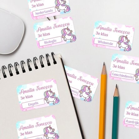 Set van 8 gepersonaliseerde stickers (zelfklevende etiketten) voor school - Eenhoorn