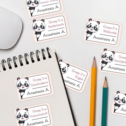 Set van 8 gepersonaliseerde stickers (zelfklevende etiketten) voor school - Panda