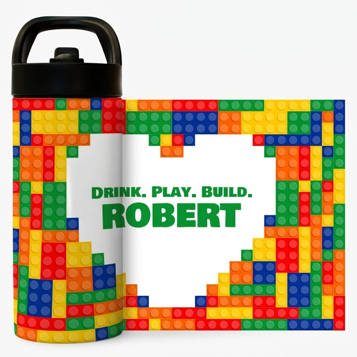 Thermosfles met handvat en rietje, gepersonaliseerd met naam - Lego