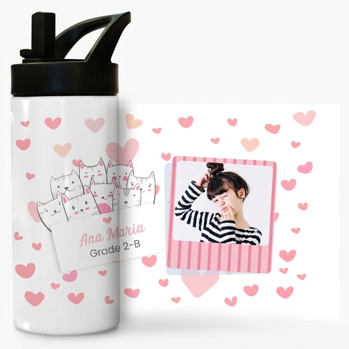 Thermosfles met handvat en rietje, gepersonaliseerd met naam en foto - Kitty