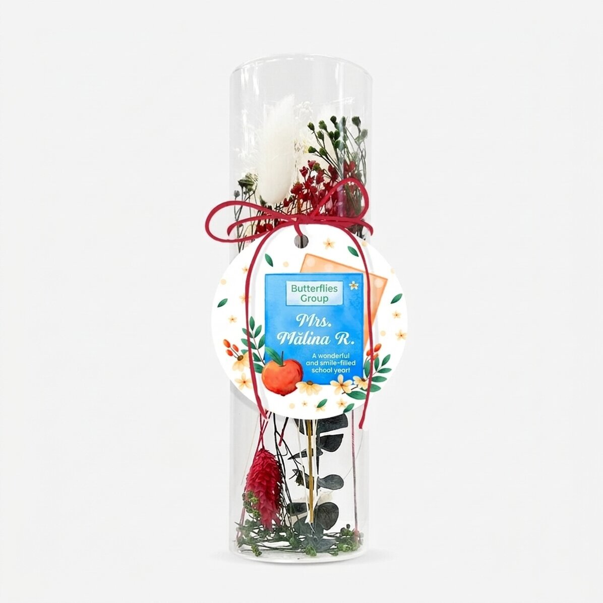Décoration en verre avec des fleurs stabilisées, personnalisée avec un message pour les enseignantes