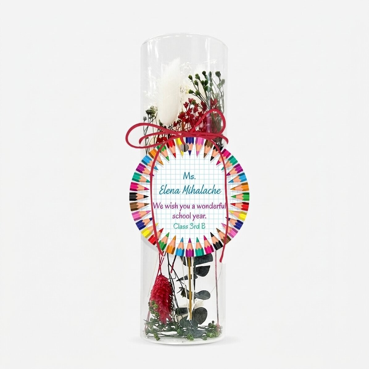 Décoration en verre avec des fleurs stabilisées, personnalisée avec un message pour les enseignantes