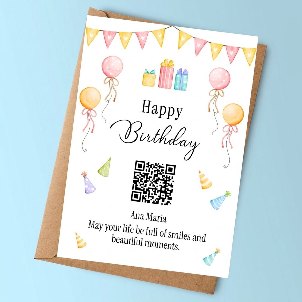 Gepersonaliseerde kaart met tekst en QR-code - Gelukkige verjaardag!