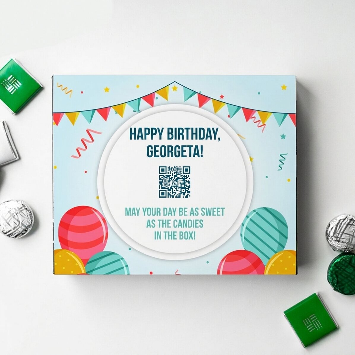 Gepersonaliseerde bonbondoos met boodschap en QR-code - Van harte gefeliciteerd!