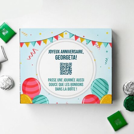 Boîte de bonbons personnalisée avec un message et un code QR - Joyeux anniversaire !