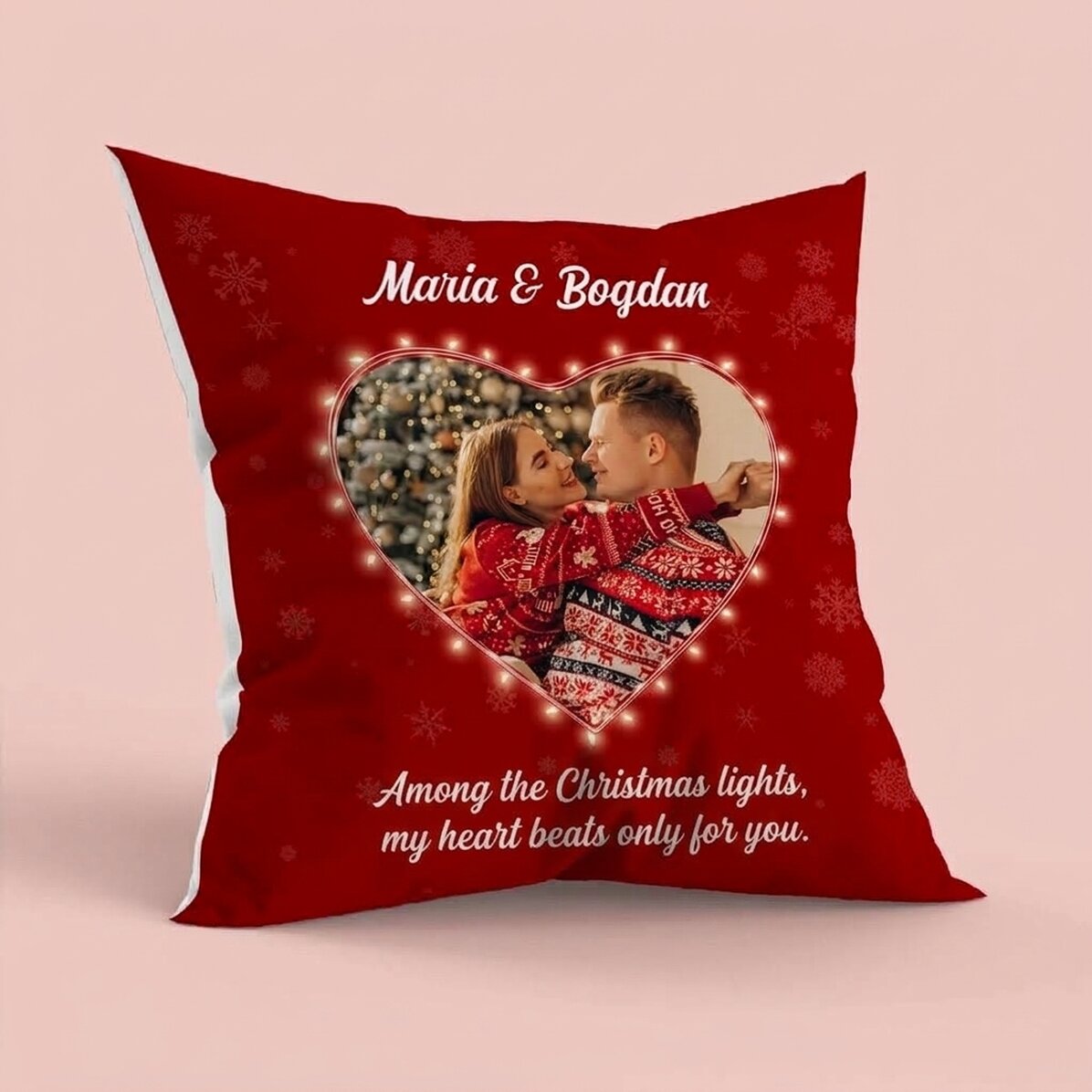 Coussin personnalisé avec une photo et un message - Lumières de Noël