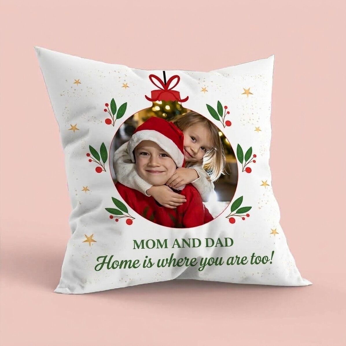 Gepersonaliseerd kussen met een foto en tekst - Thuis met Kerstmis