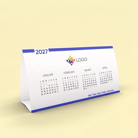 Gepersonaliseerde bureaukalender met logo en boodschap