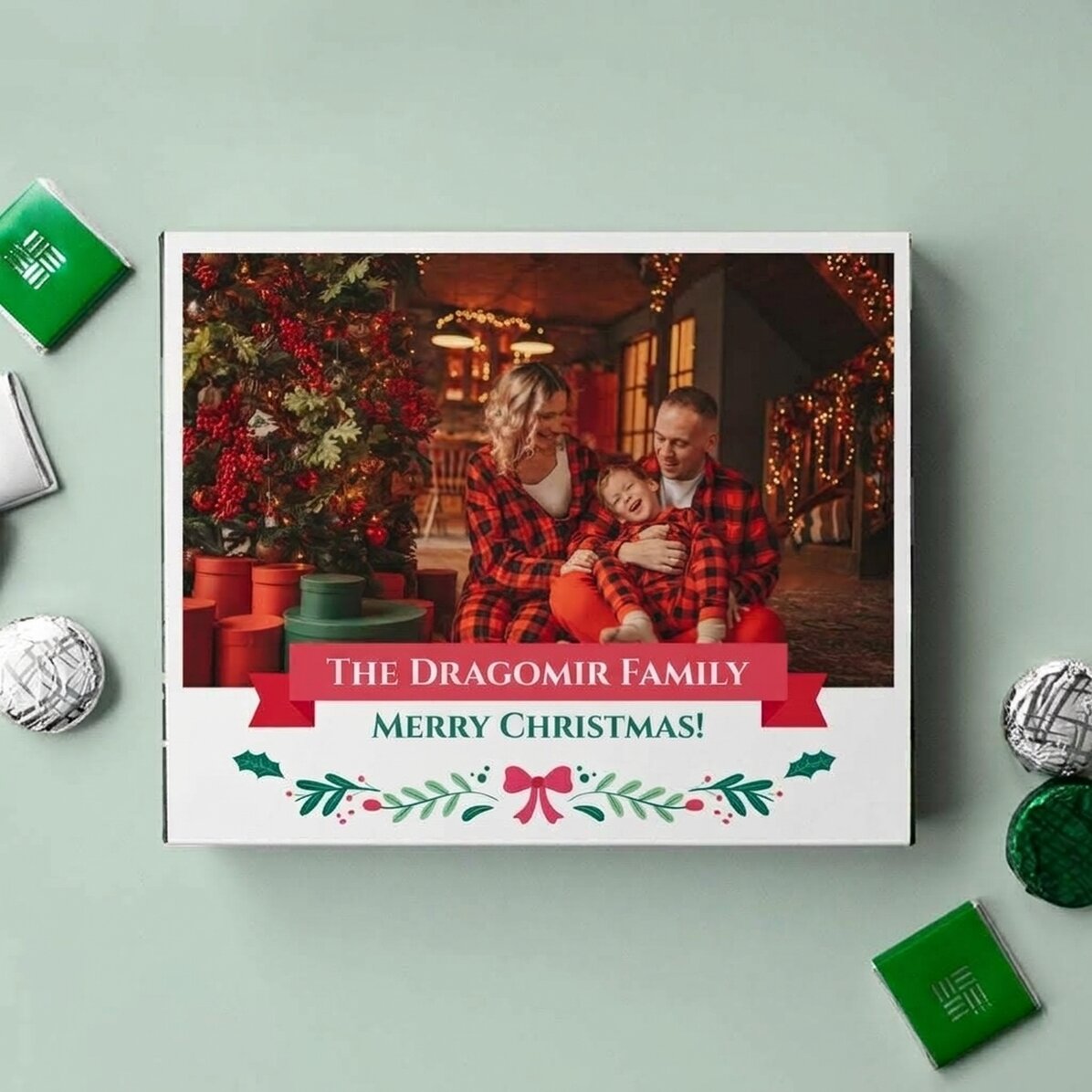 Gepersonaliseerde bonbondoos met een foto en tekst - Vrolijk Kerstfeest!