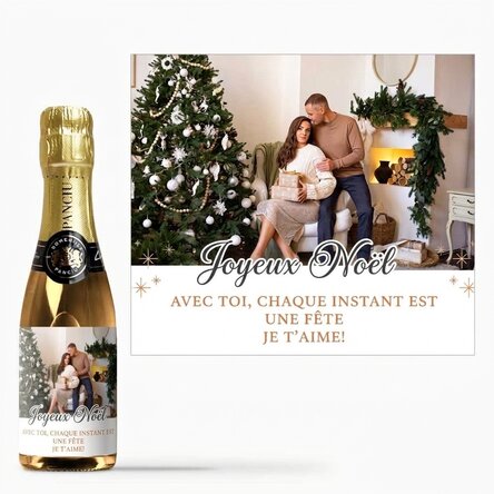 Mini-bouteille de vin mousseux personnalisée avec un texte et une photo - Joyeux Noël