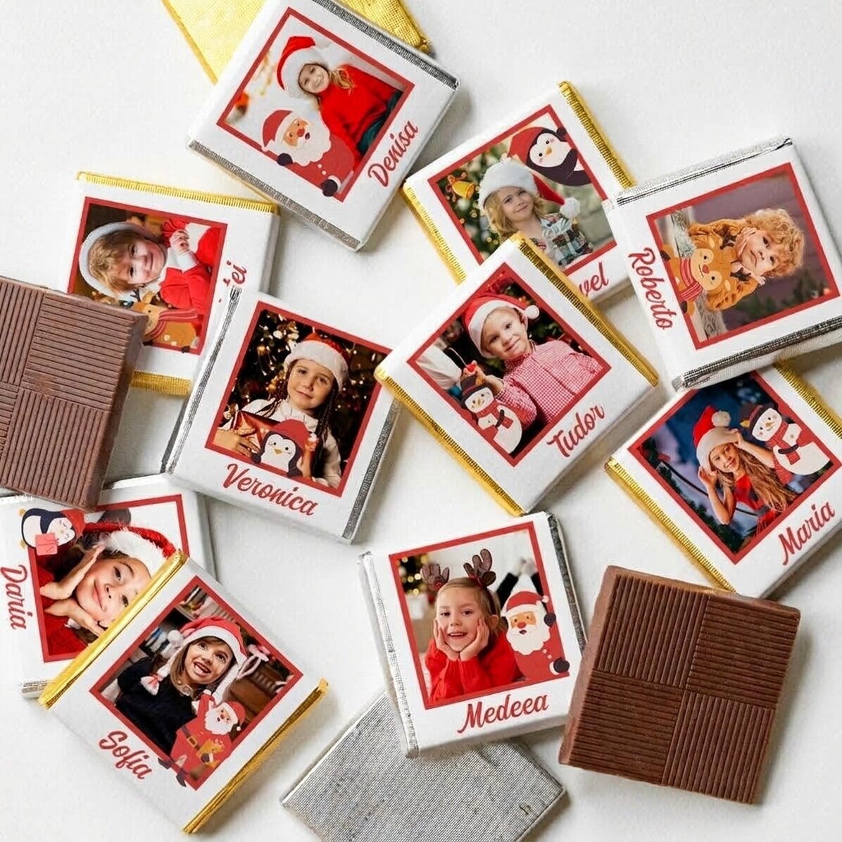 Lot de 10 mini-chocolats personnalisés avec photos et prénoms - Cute Christmas